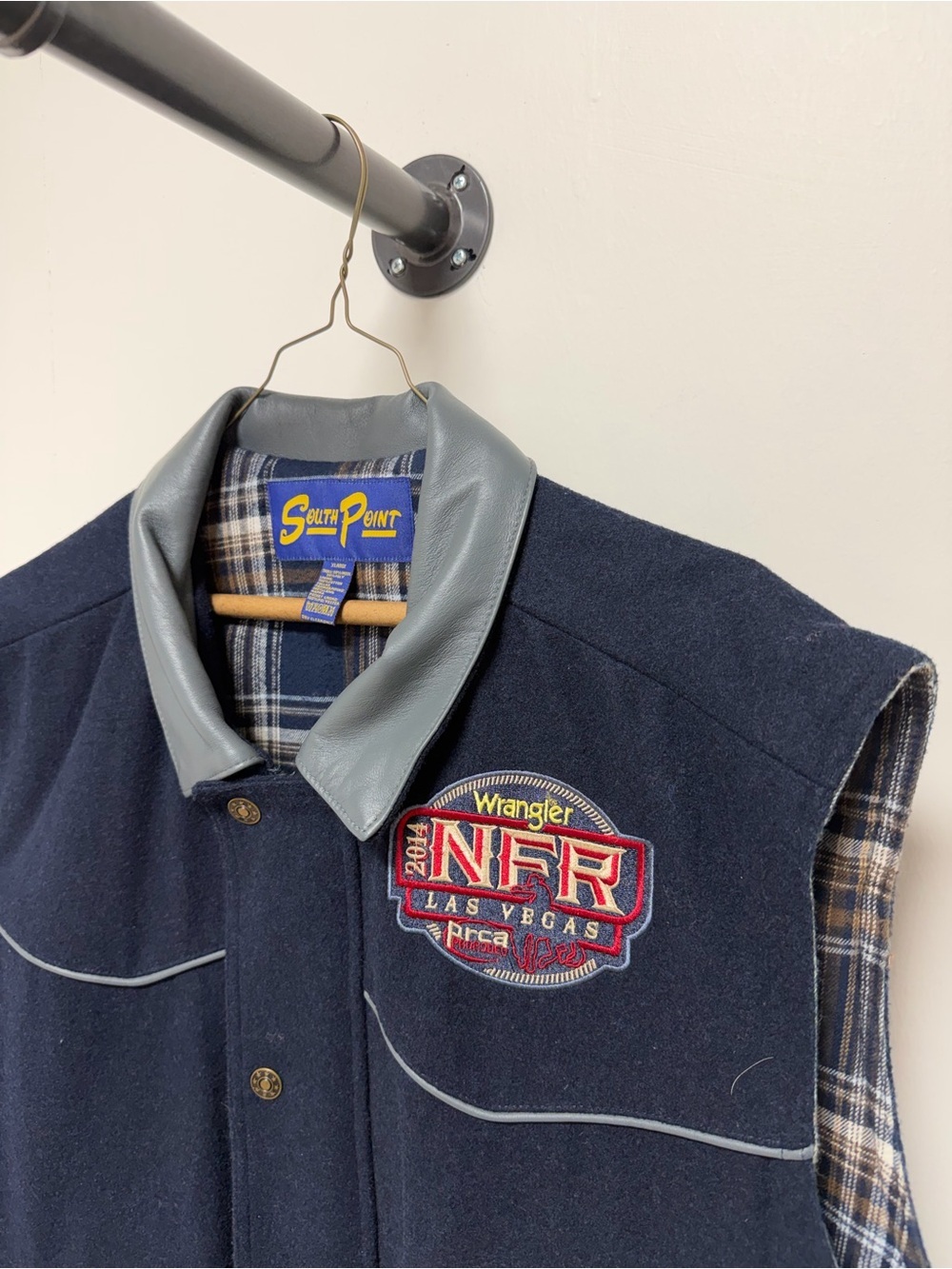 Wrangler Navy Wool Vest with Gray Leather Collar and NFR Patch